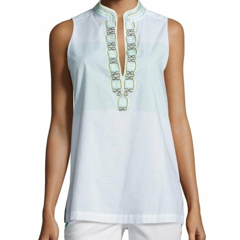 Tory Burch Sleeveless Embroidered Tunic Isla Collins Stripe Top Sz 2 S MSRP $250